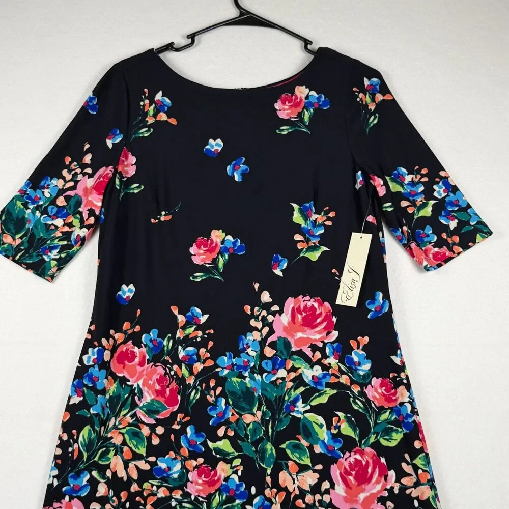 Eliza J Size 8 NWT Floral Polka Dot Shift Dress Navy Pink Blue Knee Length - Picture 8 of 10